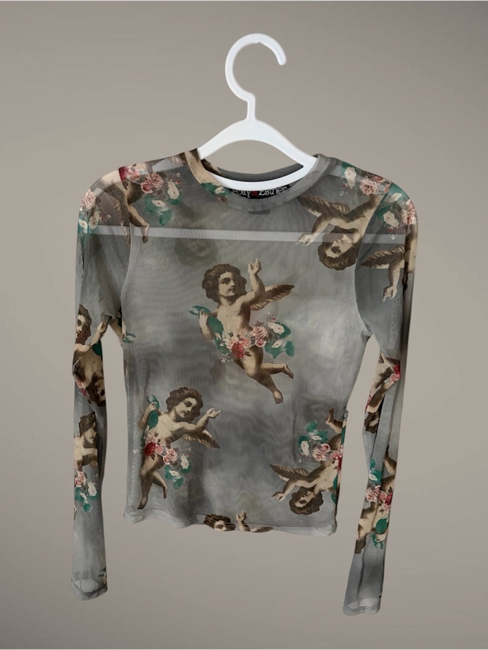 Y2K Polly & Esther Sheer Cherub Print Long Sleeve Top in Gray